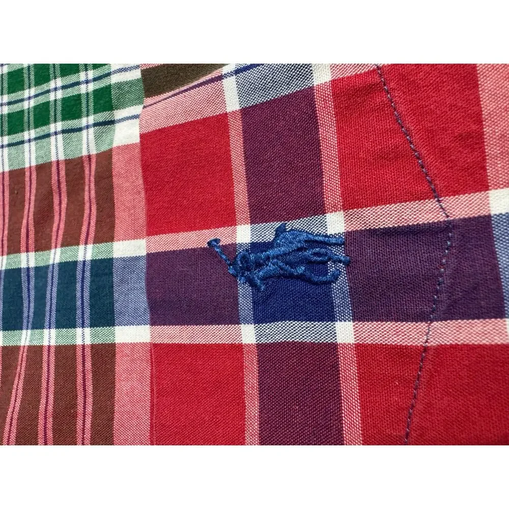 Polo Ralph Lauren Red Blue Green Checkers Button Down Shirt Large 100% Cotton